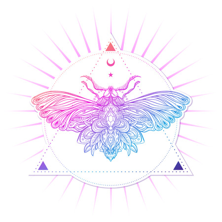 Moth over mandala. Beautiful vintage round pattern. Vector illustration. Psychedelic neon composition. Indian, Buddhism, Spiritual Tattoo, yoga, spirituality. Sticker, patch, poster graphic design.のイラスト素材