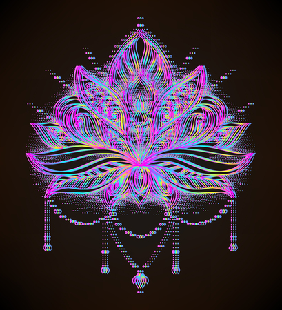 Vector ornamental Lotus flower, ethnic art, patterned Indian paisley. Hand drawn illustration isolated on black. Invitation element. Tattoo, astrology, alchemy, boho and magic symbol.のイラスト素材
