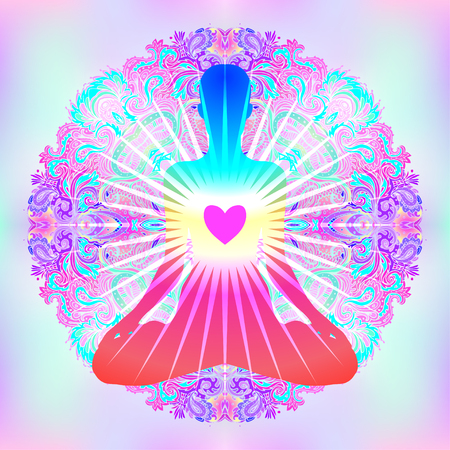 Heart Chakra concept. Inner love, light and peace. Silhouette in lotus position over colorful ornate mandala. Vector illustration isolated on white. Buddhism esoteric motifs. Tattoo, spiritual yoga.のイラスト素材