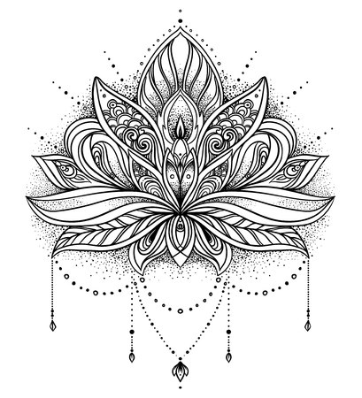 Vector ornamental Lotus flower, ethnic art, patterned Indian paisley. Hand drawn illustration. Invitation element. Tattoo, astrology, alchemy, boho and magic symbol.のイラスト素材