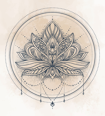 Vector ornamental Lotus flower, ethnic art, patterned Indian paisley. Hand drawn illustration. Invitation element. Tattoo, astrology, alchemy, boho and magic symbol.のイラスト素材