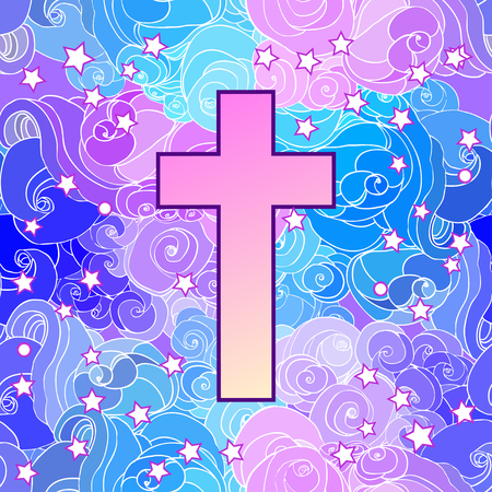 Vanilla cross.Spooky seamless pattern. Halloween wrapping paper background in neon pastel colors. Cute gothic style. Colorful rainbow clouds.のイラスト素材