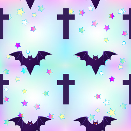 Kawaii funny spooky seamless pattern. Halloween wrapping paper background in neon pastel colors. Cute gothic style. Vanilla rainbow concept.のイラスト素材