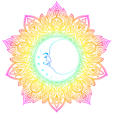 Crescent moon over colorful mandala. Vector illustration isolated on white. Nocturne, astrology, spirituality, alchemy, magic symbol.のイラスト素材