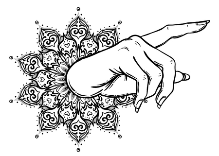 Female hand pointing on something with forefinger.のイラスト素材