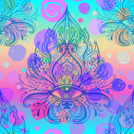 All seeing eye seamless pattern. Hand drawn vintage style background. Alchemy, spirituality, occultism, textiles art.のイラスト素材