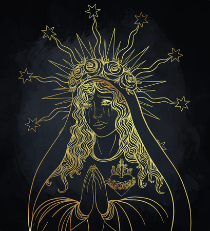 Lady of Sorrow. Devotion to the Immaculate Heart of Blessed Virgin Mary, Queen of Heaven. Vector illustration isolated.のイラスト素材