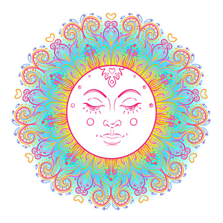 Sun symbol as a face inside ornate colorful mandala. Round pattern. Vintage decorative vector illustration isolated on white. Hand drawn background. Retro style card design.のイラスト素材