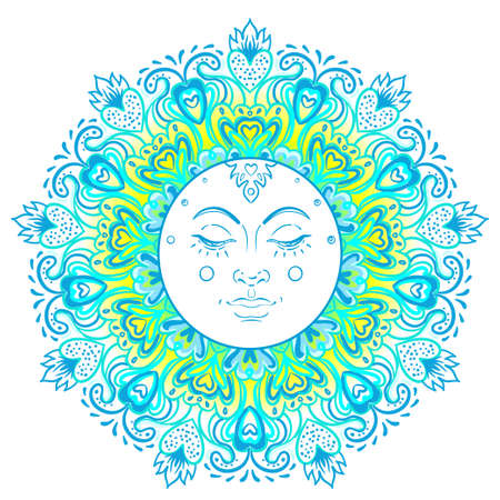Sun symbol as a face inside ornate colorful mandala. Round pattern. Vintage decorative vector illustration isolated on white. Hand drawn background. Retro style card design.のイラスト素材