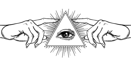 Female hand pointing on something with forefinger. New World Order. Hand-drawn alchemy, religion, spirituality, occultism.のイラスト素材