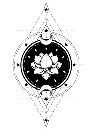 Lotus and Sacred Geometry. Ayurveda symbol of harmony and balance, and universe. Tattoo flesh design, yoga logo. Boho print, poster, t-shirt textile. Anti stress book. Isolated vector illustration.のイラスト素材