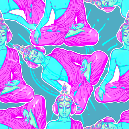 Modern Buddha listening to the music in headphones in neon colors isolated on white. Seamless pattern? Vector illustration. Vintage psychedelic composition. Indian, Buddhism, trance music.のイラスト素材