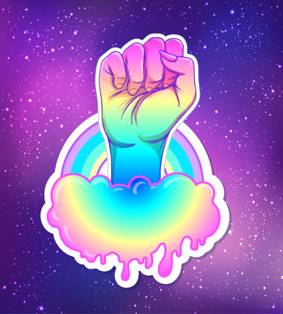 Equal love. Inspirational Gay Pride poster with rainbow spectrum colors. Homosexuality emblem. LGBT rights concept. Sticker, patch, poster graphic design. Vector illustration of hand fist raised up.のイラスト素材