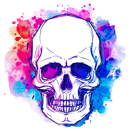 Watercolor sketchy skull with red, blue and purple colors isolated on white background.  Vector illustration. Religion, death, occultism, calavera symbol, alchemy magic.のイラスト素材