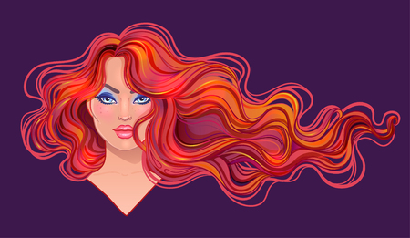 Beautiful redhead woman with long wavy hair flowing in the wind. Hair salon concept. vector illustration isolated. Portrait of a young Caucasian woman. Glamour Fashion concept.のイラスト素材