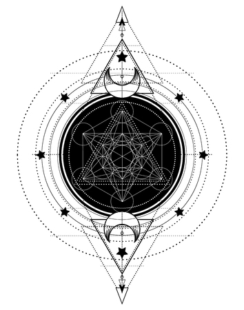 Lotus and Sacred Geometry. Ayurveda symbol of harmony and balance, and universe. Tattoo flesh design, yoga logo. Boho print, poster, t-shirt textile. Anti stress book. Isolated vector illustration.のイラスト素材