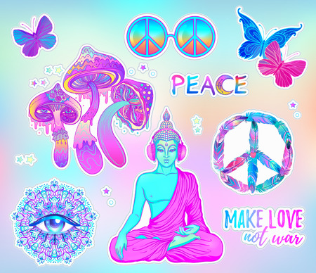 Psychedelic sticker set: trippy mushrooms, peace sign acid Buddha, butterflies, all-seeing eye mandala. Patch badges with stoned trippy drug elements in cartoon comic style. Pop art patches, pins.のイラスト素材