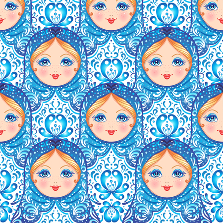 Babushka (matryoshka) seamless pattern. Traditional Russian wooden nesting doll with painted flowers. Folk arts and crafts. Vector illustration in cartoon style. Retro Souvenir from Russiaのイラスト素材
