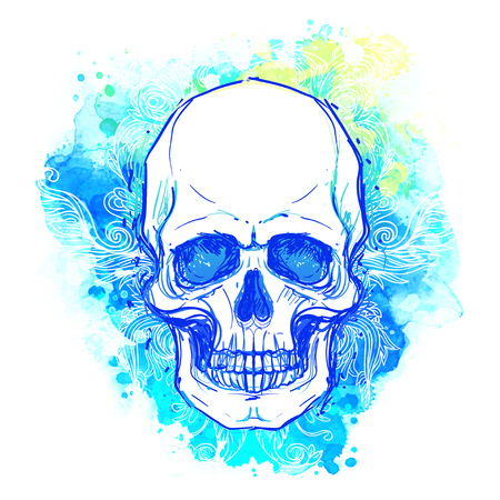 Watercolor sketchy skull with red, blue and purple colors isolated on white background.  Vector illustration. Religion, death, occultism, calavera symbol, alchemy magic.のイラスト素材