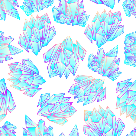 Hand drawn crystal gem seamless pattern. Geometric shiny gemstone symbol. Trendy hipster background, fabric design, fashiontextiles. Colorful gradient. Isolated vector illustration. Pastel goth styleのイラスト素材