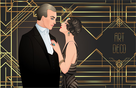 Beautiful couple in art deco style. Retro fashion: glamour man and woman of twenties. Vector illustration. Flapper 20's style. Vintage party  or thematic wedding invitation design template.のイラスト素材