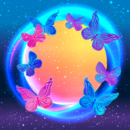 Retro vintage 80s or 90s geometric style abstract background with butterflies. Design for textile, t-shirt print, flyer and poster background. Futuristic vector illustration in bright neon colors.のイラスト素材