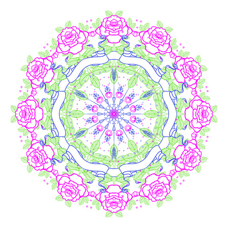 Tattoo old school style mandala. Vector illustration isolated. Linework Traditional Tattooing Style design, with rose, classic symbol. Print, poster, t-shirt and textile. Valentine vintage compositionのイラスト素材
