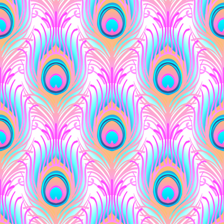 Peacock pale pink seamless vector pattern. Peafowl abstract feathers tiled print for textile or wrap paper. Hand drawn vintage linear romantic beautiful drawing patternのイラスト素材