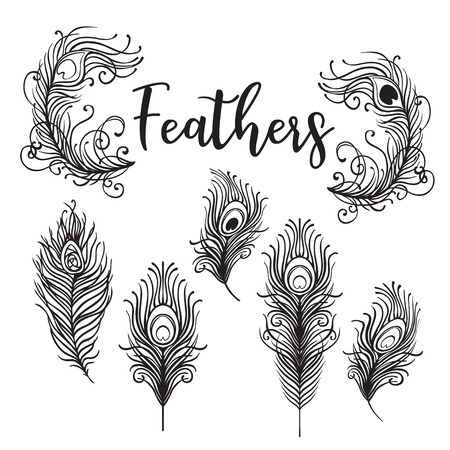 Vector illustration of beautiful peacock feather set isolated on a white background. Trendy hipster background, logotype, tattoo design element. Colorful gradient. Isolated vector illustration.のイラスト素材