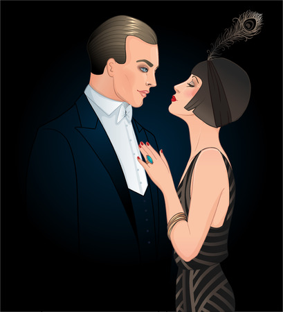 Beautiful couple in art deco style. Retro fashion: glamour man and woman of twenties. Vector illustration. Flapper 20's style. Vintage party  or thematic wedding invitation design template.のイラスト素材