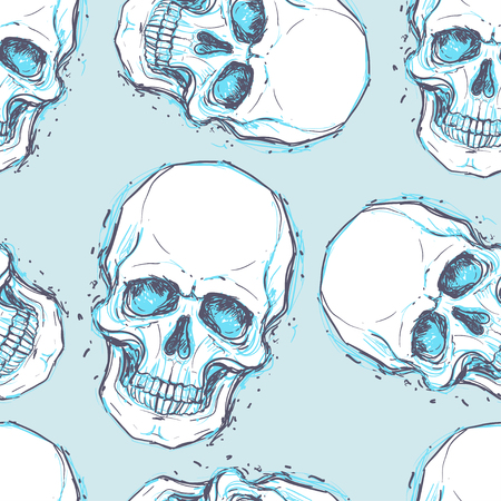 Sketchy style drawing of human skull, human head, seamless pattern. Tattoo design element. Vector illustration. Religion, death, occultism, calavera symbol, alchemy magic.のイラスト素材
