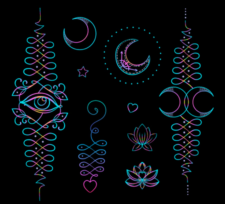 Lotus and Sacred Geometry. Unamole hindu symbol of wisdom and path to perfection. Set of tattoo flesh, yoga logo. Boho oriental print, poster, t-shirt textile. Colorful rainbow signs setのイラスト素材