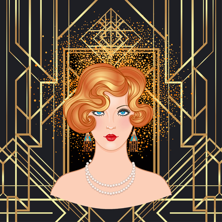 Art Deco vintage invitation template design with illustration of flapper girl. patterns and frames. Retro party background set (1920's style). Vector for glamour event, thematic wedding or jazz party.のイラスト素材