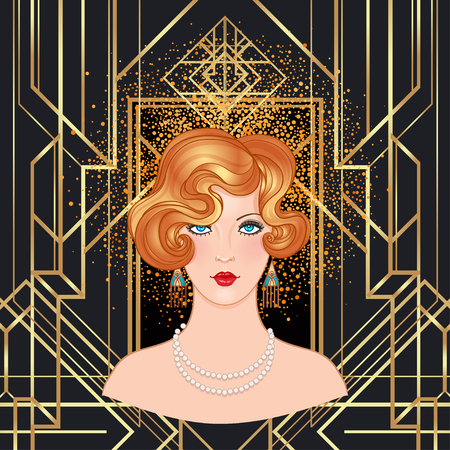 Illustration for Art Deco vintage invitation template design with illustration of flapper girl. patterns and frames. Retro party background set (1920's style). Vector for glamour event, thematic wedding or jazz party. - Royalty Free Image