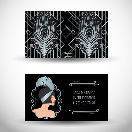 Art deco style business card. Sample Text. Abstract vintage patterns and flapper girl. Retro party geometric background set (1920's style). Vector illustration for glamour party, thematic wedding.のイラスト素材