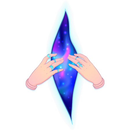 Two human hands opening gap with space inside, sacred geometry symbols. Colorful tattoo flash design. Vector illustration isolated on white. Astrology, zodiac, fortune telling, magic symbol.のイラスト素材