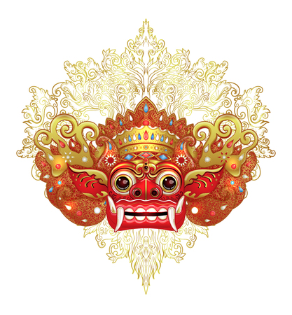 Barong. Traditional ritual Balinese mask. Vector color illustration in red, gold and black isolated. Hindu ethnic symbol, tattoo art, yoga, Bali spiritual design for print, poster, t-shirt, textile.のイラスト素材