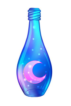 Magic potion: blue bottle jar with pink hearts and glowing stars inside. Greeting Card. Vector illustration isolated on white. Valentine's day concept.のイラスト素材