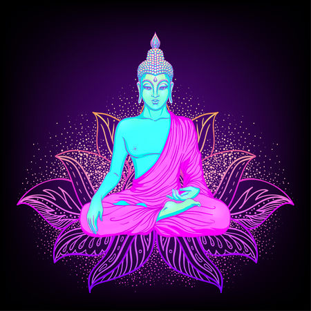 Sitting Buddha silhouette over ornamental Lotus flower. Esoteric vector illustration. Vintage decorative, Indian, Buddhism, spiritual art. Hippie tattoo, spirituality, Thai god, yoga zen.のイラスト素材