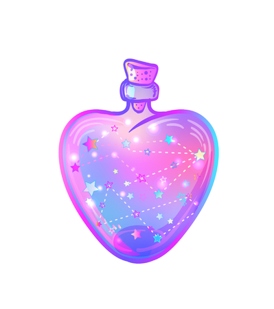 Magic potion: heart-shaped bottle with glowing stars inside. Greeting Card. Vector illustration isolated on white. Valentine's day concept.のイラスト素材
