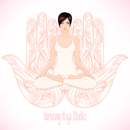 Woman sitting in lotus position over hamsa symbol on background. Vector illustration of a girl isolated. Ornate hand drawn sign. Popular Arabic and Jewish amulet. のイラスト素材