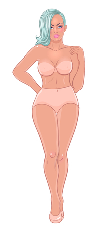 Curvy girl in beige underwear isolated on white. Vector illustration. Plus size model in lingerie or swimsuit and high heels. Body positive concept. Beautiful woman with hair shaved on one side.のイラスト素材