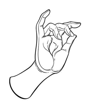 Lord Buddha's hand with eye holding Lotus flower. Isolated vector illustration of Mudra. Hindu motifs. Tattoo, yoga, spirituality, textiles. Sketchy style, hand drawn. Vintage drawing. のイラスト素材