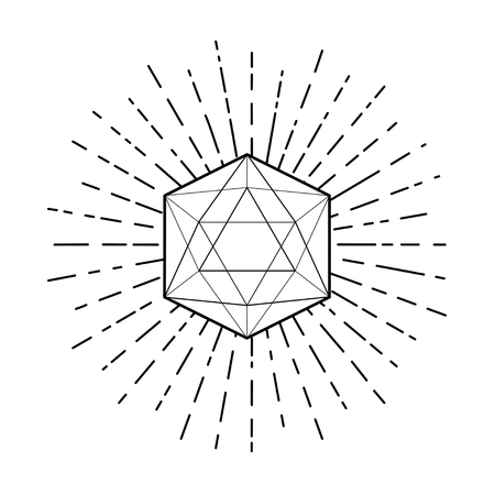 Sacred geometry. Icosahedron line drawing with rays, platonic solid. Blackwork tattoo flash. religion, spirituality, occultism. Isolated vector illustration.のイラスト素材