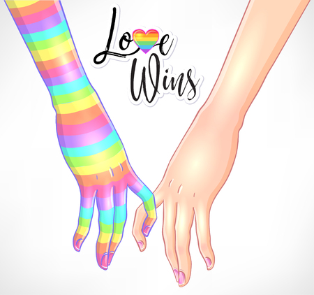 Two women holding hands isolated on white. One hand with rainbow stripes. Lesbian couple. Vector illustration. Valentine's Day design. LGBT sign for textiles and fabrics, t-shirts, pins and stickers.のイラスト素材