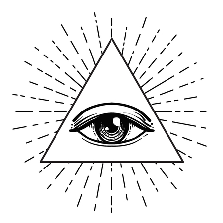 Blackwork tattoo flash. Eye of Providence. Masonic symbol. All seeing eye inside triangle pyramid. New World Order. Sacred geometry, religion, spirituality, occultism. Isolated vector illustration.のイラスト素材