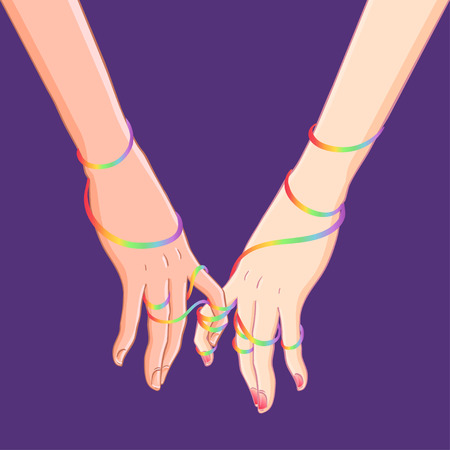 Two women holding hands isolated on white. Lesbian couple. Vector illustration. Valentine's Day card design. LGBT sign for textiles and fabrics, t-shirts, pins and stickers.のイラスト素材