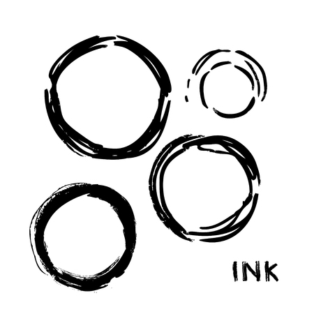 Set of hand drawn circles, vector design elements. Black and white simple abstract stains. Round trendy stylish texture. Hand drawn artwork for print and textiles, home decor, fashion fabrics.のイラスト素材