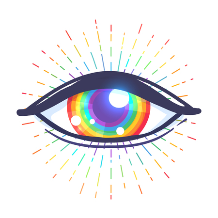 Rainbow colored eye. Flag of LGBT community inside eyeball. Vector illustration  for sticker, pin, greeting card, poster, patch, t-shirt prints.のイラスト素材