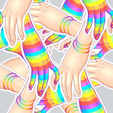 Two women holding hands isolated on white. One hand with rainbow stripes. Lesbian couple. Vector illustration. Seamless pattern design. LGBT sign for textiles and fabrics, t-shirts, wallpapers.のイラスト素材